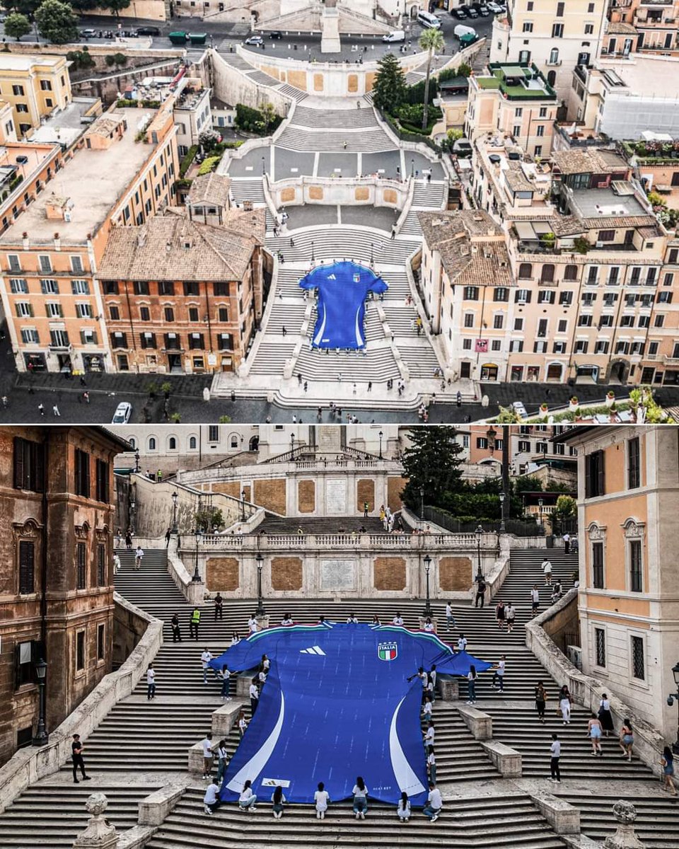 wantedinrome's tweet photo. On the eve of the Italy-Spain match, the Italian Football Federation unveils a giant Azzurri jersey on the Spanish Steps. #EURO2024 https://t.co/VXcioPDRbF