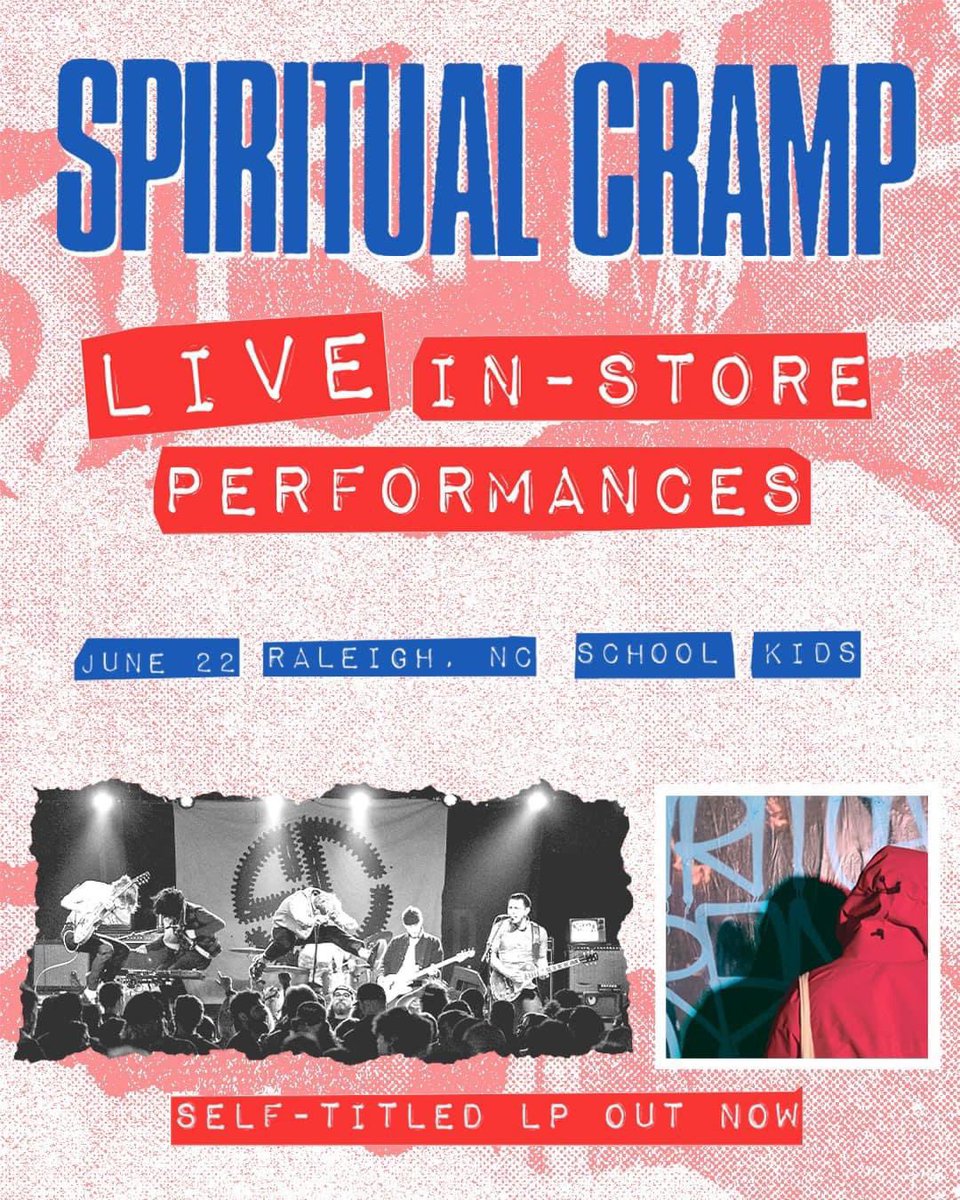 Schoolkids's tweet photo. Excited to announce we will be hosting Spiritual Cramp 6/22 for a free acoustic performance and signing ahead of their Kings date that night! 2pm at our Raleigh location! https://t.co/dZYBLAtHIn