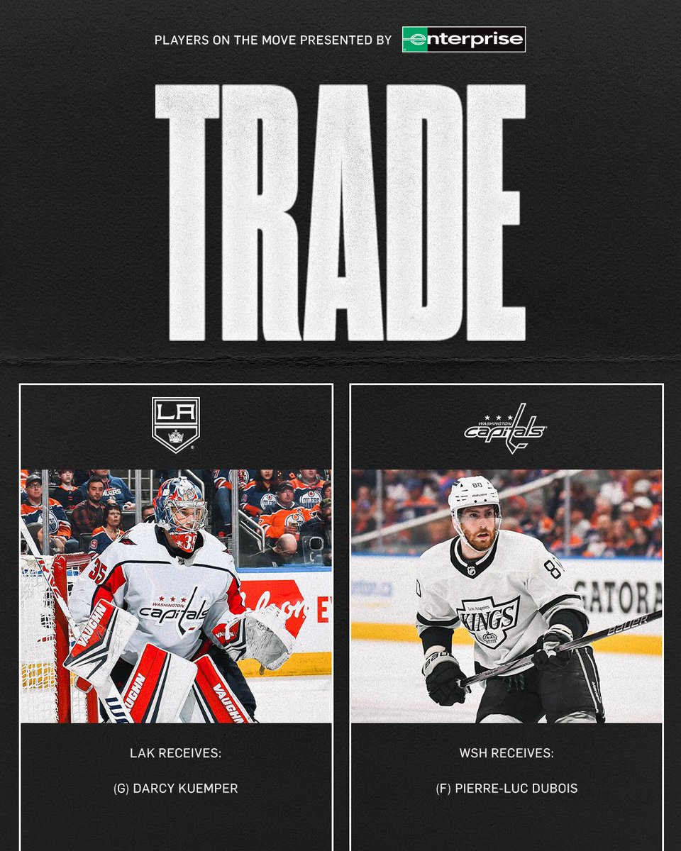 x - LA Kings (@lakings) on Twitter photo We have acquired goaltender Darcy Kuemper from the Washington Capitals in exchange for forward Pierre-Luc Dubois.
Full Release 📲 bit.ly/3XwI7gS
#GoKingsGo | <a href="/Enterprise/">Enterprise</a> We have acquired goaltender Darcy Kuemper from the Washington Capitals in exchange for forward Pierre-Luc Dubois.
Full Release 📲 bit.ly/3XwI7gS
#GoKingsGo | <a href="/Enterprise/">Enterprise</a>