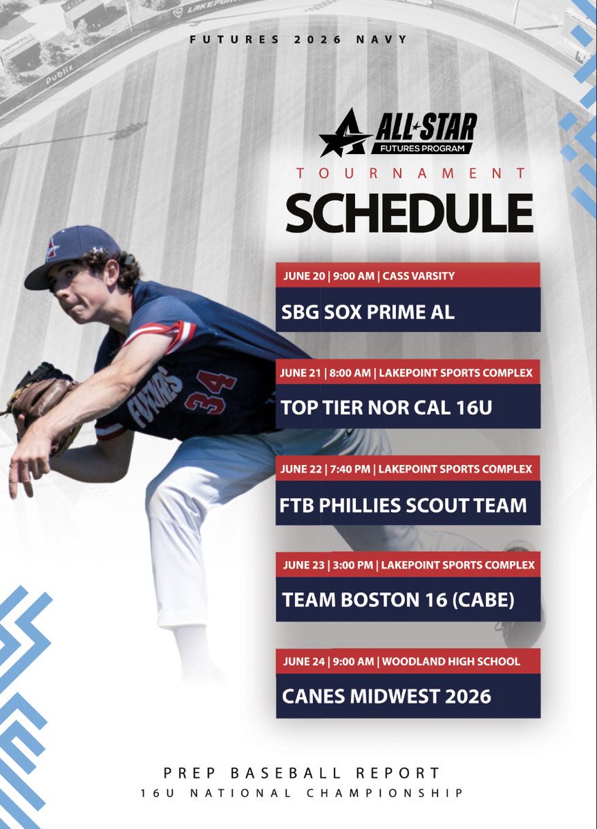 Best of luck to our #futures 2026 Navy team down in GA for <a href="/prepbaseball/">Prep Baseball</a> 16u National Championship. Their schedule is below. 

<a href="/AllStarBaseball/">All-Star Sports Academy</a>