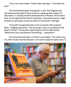 ButlerDon's tweet image. It's Book Quote Wednesday and the word is CHASE. In this scene from my new murder mystery, Norman's Conquest, Norman Pugsley is telling his friend and doctor, Beau Fisher, about his budding romance with Renata Richter. #bookqw @ReadLocalOttawa #mysteries