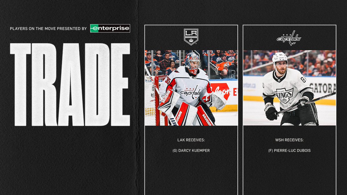 LAKingsPR's tweet photo. The @LAKings have acquired goaltender Darcy Kuemper from the Washington Capitals in exchange for forward Pierre-Luc Dubois.