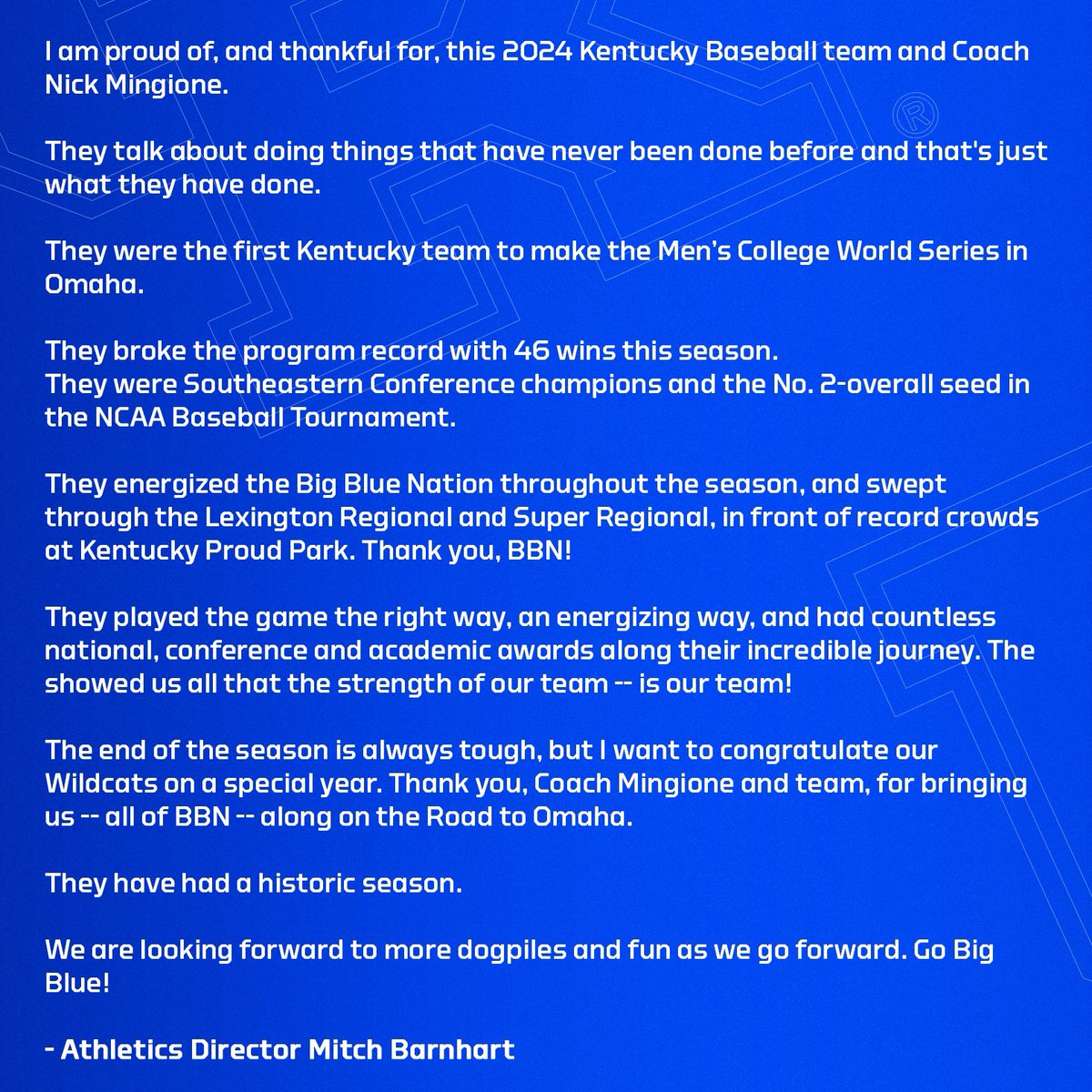 Proud of, and thankful for, this <a href="/UKBaseball/">Kentucky Baseball</a> team and <a href="/Coach_Mingione/">Nick Mingione</a>.