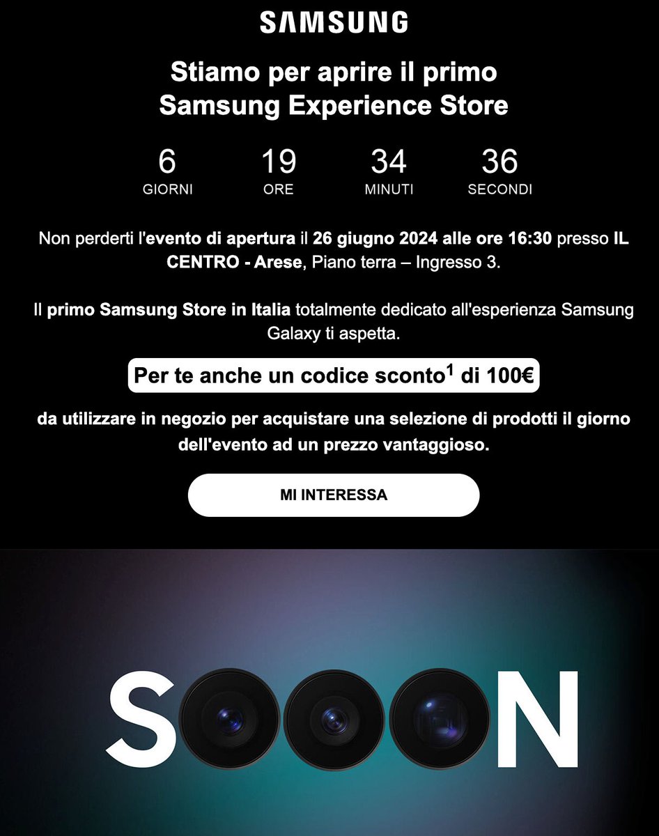 fabrizio_degni's tweet photo. Just got notification via email about the #first #Italian #SamsungExperience #Store in #Aresa.

Just 6 day and 19 hours before the opening!

@SamsungBizIT #Italy #Samsung https://t.co/nidzGZDDsm