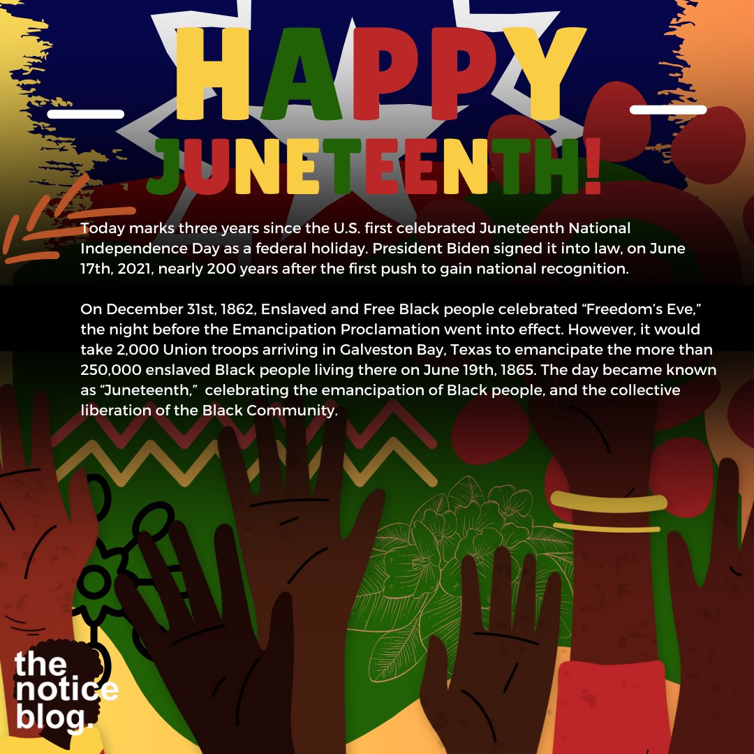 TheNoticeBlog's tweet image. Happy Juneteenth!

#juneteenth #thenoticeblog #articles #facts #blackhistory