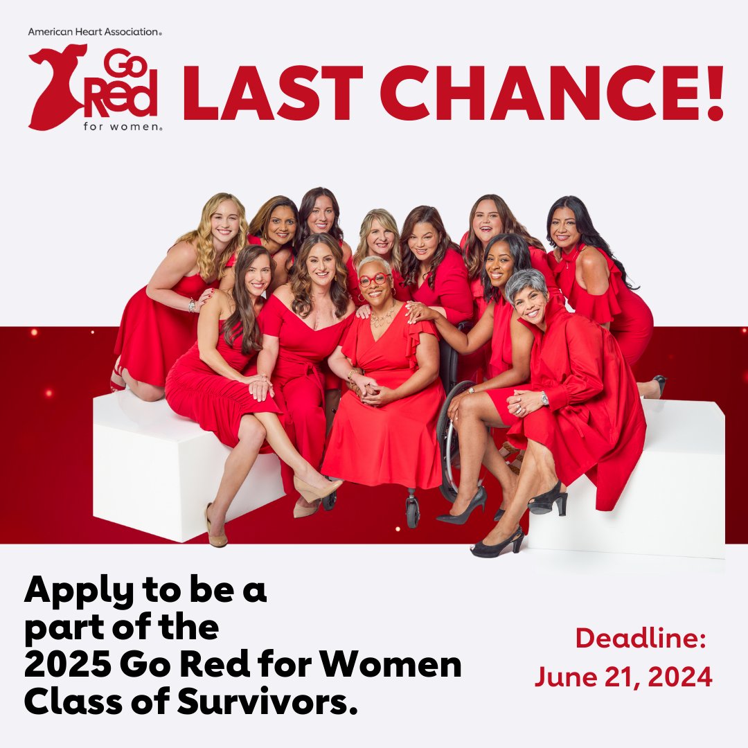 AHAMissouri's tweet image. Don’t miss your chance to apply to be part of the Go Red for Women 2025 Class of Survivors. Use your story to raise awareness about heart disease and stroke in women and bond with other survivors! Apply by Friday, June 21!  More info and official rules: spr.ly/6015gyI25