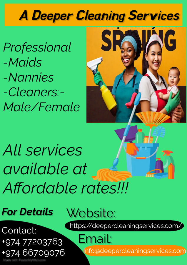 ADeepercleaning's tweet photo. A Deeper Cleaning Services is offering reliable and top-notch nanny/maids services to families in Qatar at affordable rates. 
Contact us today to learn more and schedule your desired service! 
+974 77203763
+974 66709076
Info@deepercleaningservices.com
https://t.co/hgTwvSGRr3 https://t.co/Fg0aneqIDL
