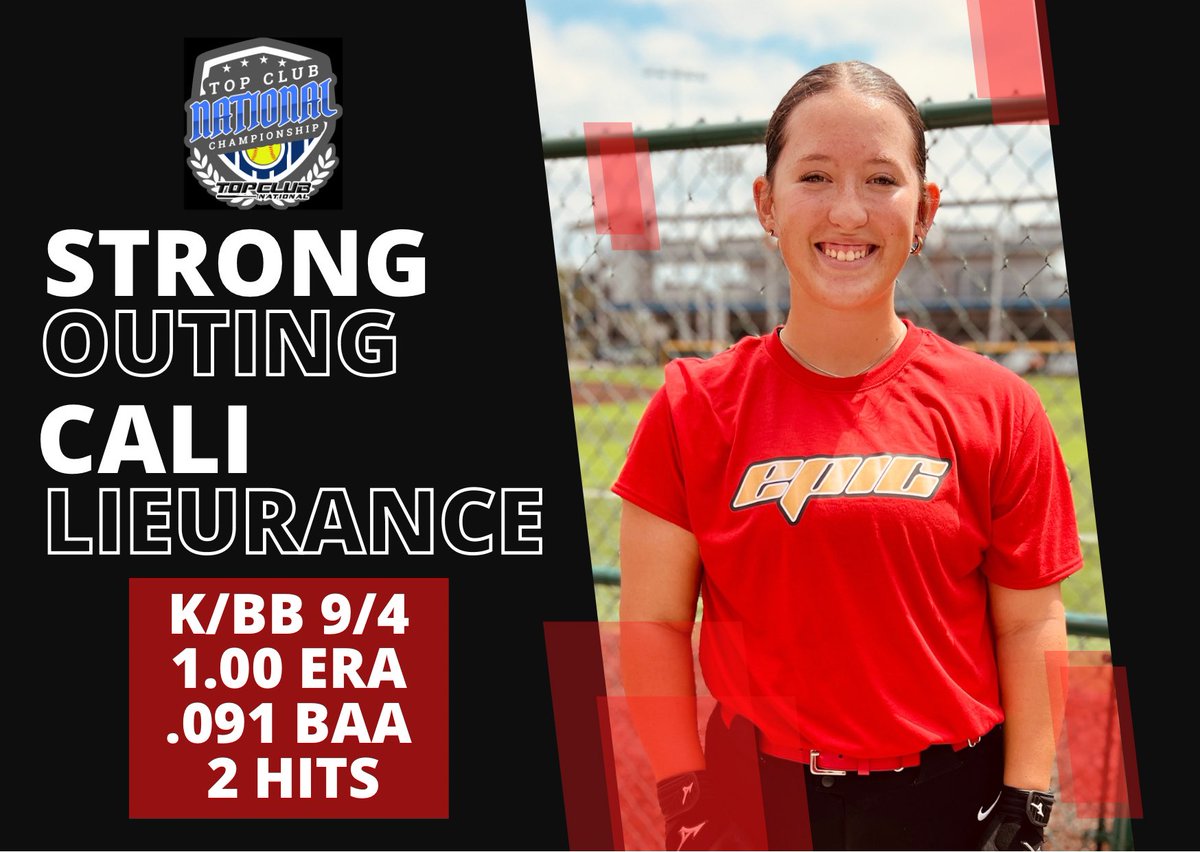 <a href="/CaliLieurance/">Cali Lieurance</a> (Uncommitted ‘25) had a strong outing today! 9 k’s, 4 walks, 1.00 ERA, .091 batting average against, and 2 hits allowed at Top Club Nationals! <a href="/RiverHawksSB/">🥎 RiverHawks Softball 🥎</a> <a href="/UCOSoftball/">UCOSoftball</a> <a href="/UCMJensSoftball/">Jennies Softball</a> <a href="/CCRoughridersSB/">Crowder College Softball</a> <a href="/NEOSFTBLL/">Lady Norse Softball</a> <a href="/MSSUSoftball/">MSSU Softball</a> <a href="/Epic__SB/">Scotty Smith</a>