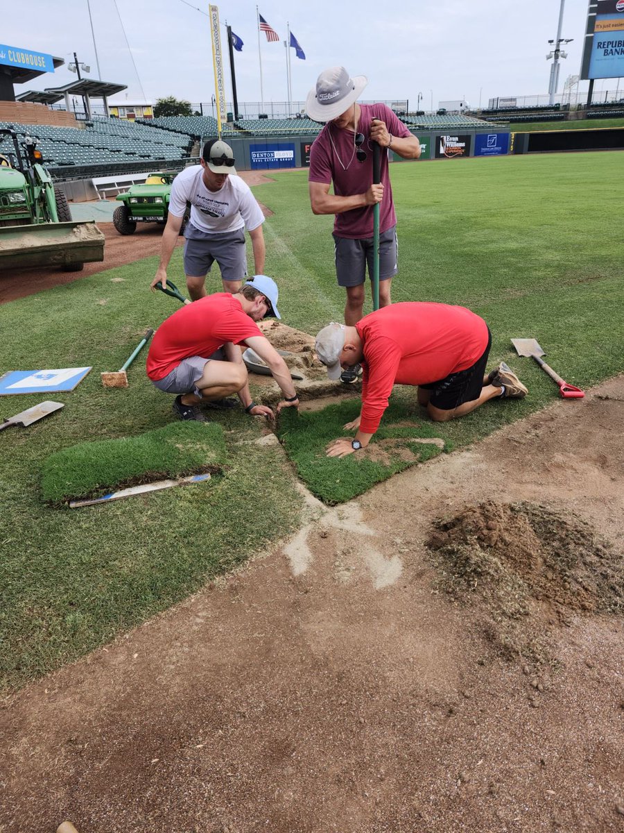 More from the last couple of days here at Slugger: 

-Topdressed with sand and Mirimichi Green soil enhancer. 
-Resodded umpire horns, and front of mound.