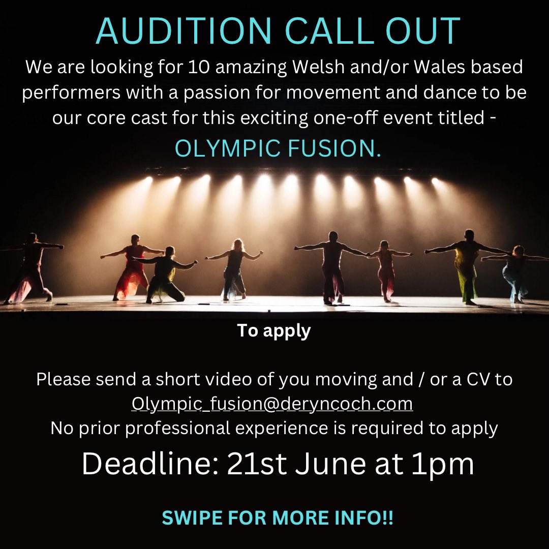 matsenaprod's tweet photo. WALES PERFORMERS! WE NEED YOU! Join us for an exciting event celebrating the Olympics, this October in Swansea. Audition Details are in the pics.
Message us if you need any more info! Deadline is this Friday 21st June!!!
•
#audition #performer #artsjobs #OpenCalls #auditioncall https://t.co/yfKhZLG4eE