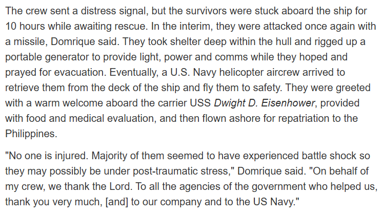 ItsAzirr's tweet photo. @YacoubAlKhder @wammezz "The seafarers were stuck aboard for 10 hours while awaiting rescue. They took shelter deep w/in the hull & rigged up a portable generator to provide light while they hoped & prayed for evac.
They seem to have experienced battle shock so they may have PTSD" - Philippine #MVTutor https://t.co/B5b8tZluHl
