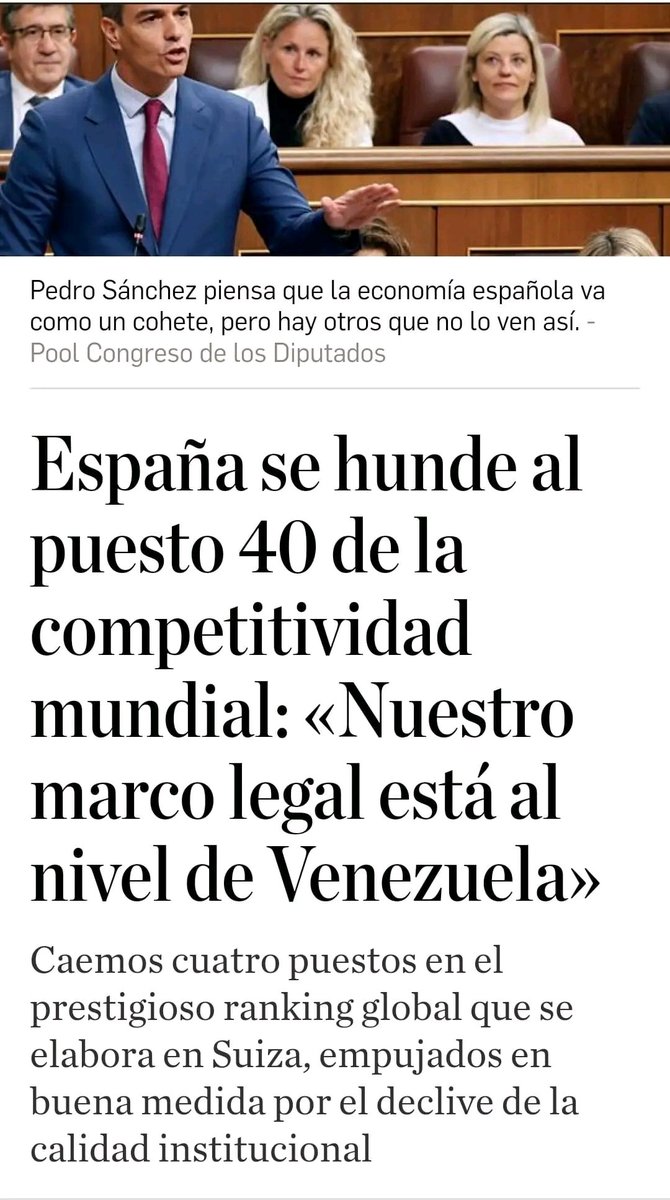 Titular correcto:
"Sánchez hunde España al puesto 40 dejándola al nivel de Venezuela"
Vamos lo que viene siendo el Socialismo "Hambre y Miseria".