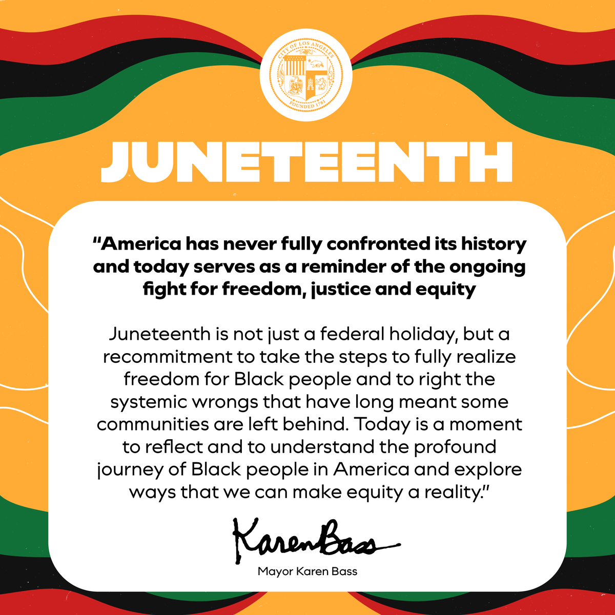MayorOfLA's tweet photo. Juneteenth is a reminder of the ongoing fight for freedom, justice and equity.
https://t.co/OBgAPgLWtj. https://t.co/h2HupsrdyH