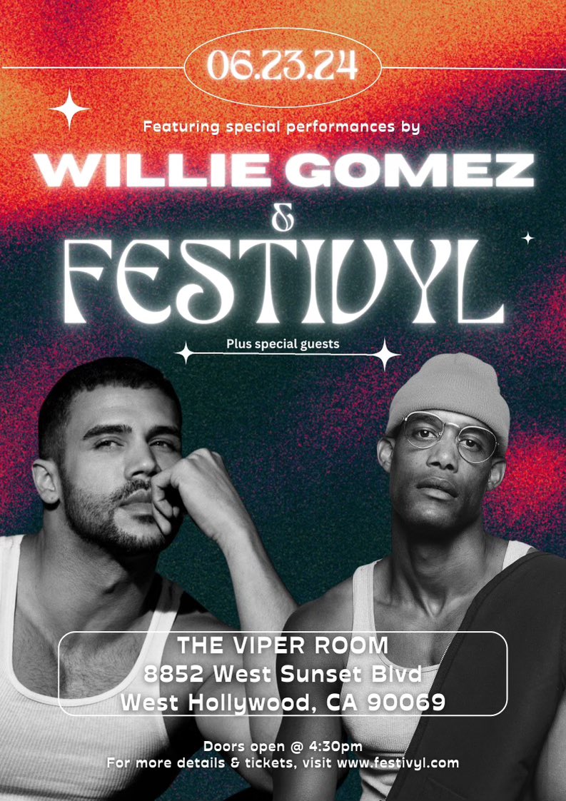 WillieGomez's tweet image. If you’re in #LA come play with me and FESTIVYL this Sunday at #TheViperRoom ❤️‍🔥⚡️⚡️

For tickets 🎟️👇

eventbrite.com/e/la-on-a-sund…