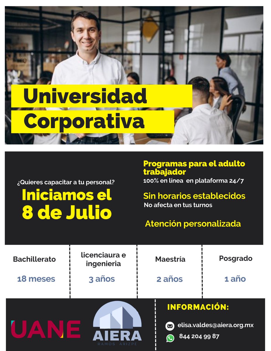 AIERAmx's tweet photo. #AIERA comprometida con la educación y formación de los trabajadores de nuestras empresas socias,  compartimos la nueva fecha para iniciar Universidad Corporativa con #UANE.
Programas en linea, plataforma 24/7 https://t.co/L0Jc7orDow
