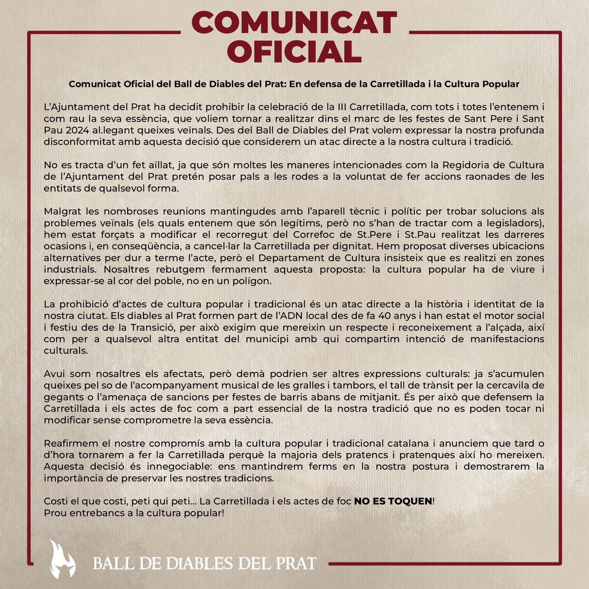 BallDiablesPrat's tweet photo. 🔥 Sou molts els que heu preguntat per la III Carretillada en veure el cartell a Sant Pere i Sant Pau 2024!

📄 És per això que fem públic aquest comunicat oficial des del Ball de Diables envers la III Carretillada i els actes de foc al Prat! https://t.co/VrhMjLMV3p