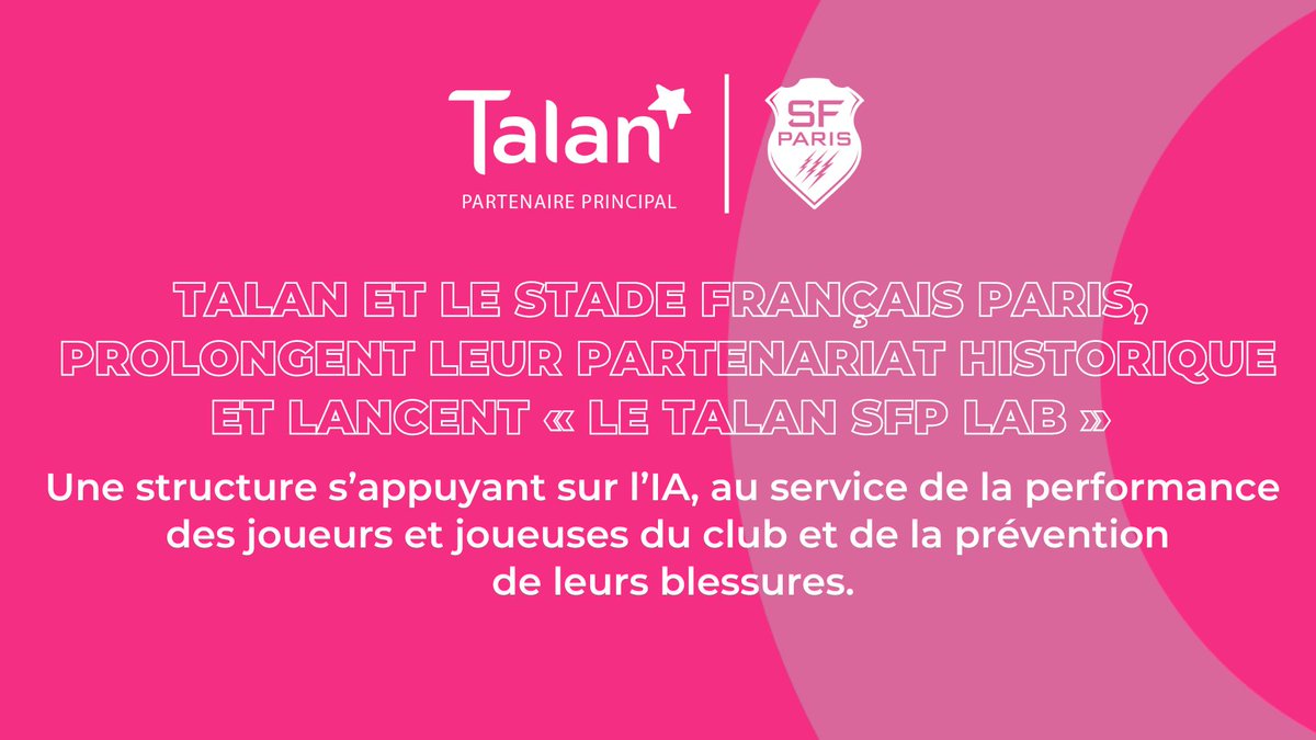 Nous sommes fiers d'annoncer que @Talan_World et le <a href="/SFParisRugby/">Stade Français Paris</a> prolongent leur partenariat historique et lancent le "Talan SFP Lab", une nouvelle structure innovante dédiée à l'optimisation des performances sportives grâce à l'#IA : bit.ly/Talan-SFP-Lab
#innovation