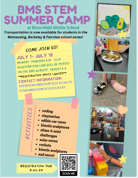 Exciting news! Transportation to the BMS STEM Camp is now available for eligible students. Registration has been extended to Friday 6/21. <a href="/07003bmsbengals/">Bloomfield Middle</a>  <a href="/07003schools/">07003schools</a>