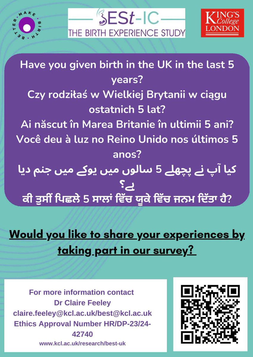 Bryany Tweedale (@bryany2103) on Twitter photo If you have given birth in the last 5 years and would like to share your experiences, <a href="/DrFeeleyRM/">Dr Claire Feeley</a> and <a href="/KingsCollegeLon/">King's College London</a> are carrying out a Birth Experience Study - scan the QR code in the image or head over to kcl.ac.uk/research/best- for more information. If you have given birth in the last 5 years and would like to share your experiences, <a href="/DrFeeleyRM/">Dr Claire Feeley</a> and <a href="/KingsCollegeLon/">King's College London</a> are carrying out a Birth Experience Study - scan the QR code in the image or head over to kcl.ac.uk/research/best- for more information.