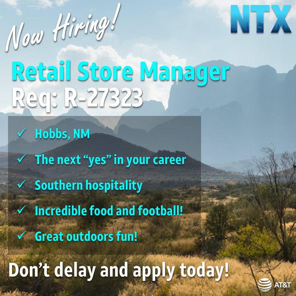 📣Are you ready to take that next step in your career?

✨We are looking for the brightest bilingual leaders to join the NTX leadership team as a Retail Store Manager! 

Take advantage of this opportunity in Hobbs, New Mexico!

Req: R-27323

Don't delay &amp; apply today!