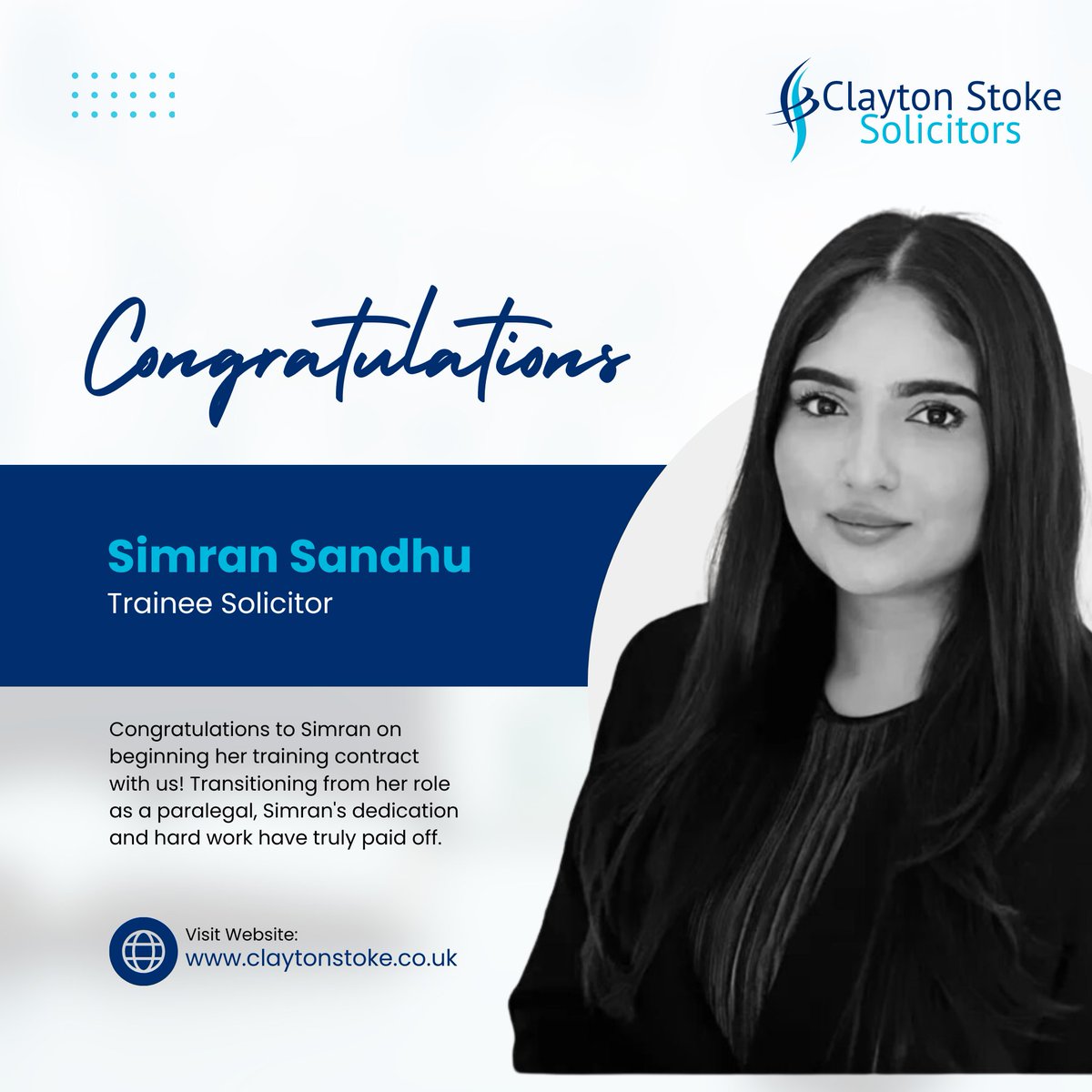 Proud to announce Simran's transition from paralegal to trainee solicitor! Her dedication, enthusiasm, and commitment have been outstanding. We support her as she progresses in her legal career. Congrats, Simran! Embrace this opportunity and keep learning. #ClaytonStoke #LawFirm