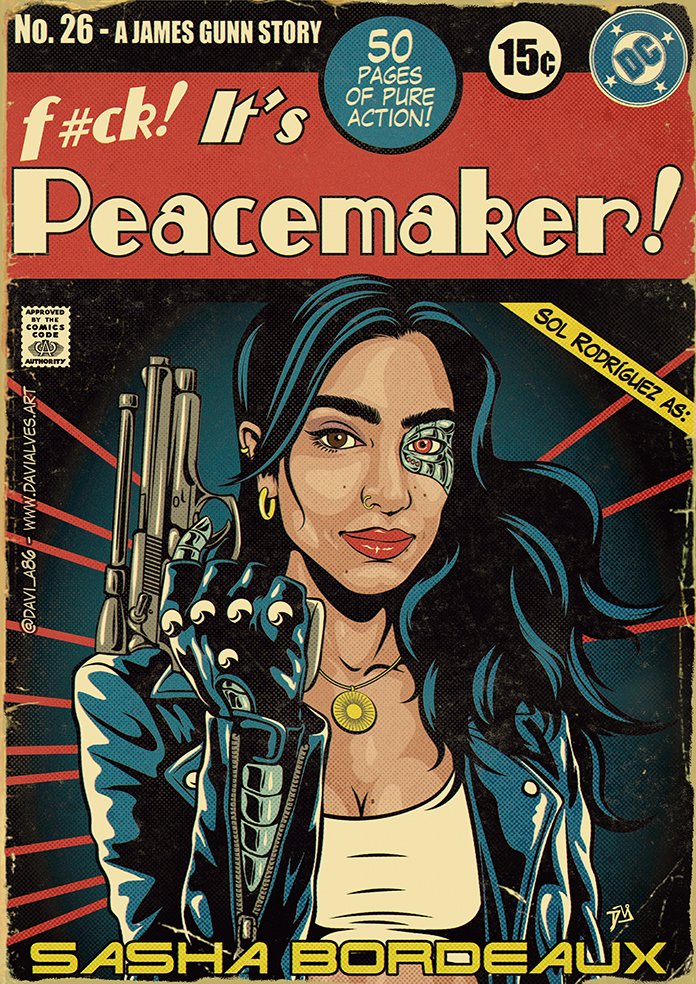 Illustrating <a href="/solrodriguez/">Sol</a> without her smile like in her pictures was one of the most difficult tasks I've done in months 😅
This was the result, I hope you like it! 🙂
Peacemaker Season Two Retro Comics Cover Art.
Sasha Bordeaux, played by Sol Rodríguez.

#fanart #dcu