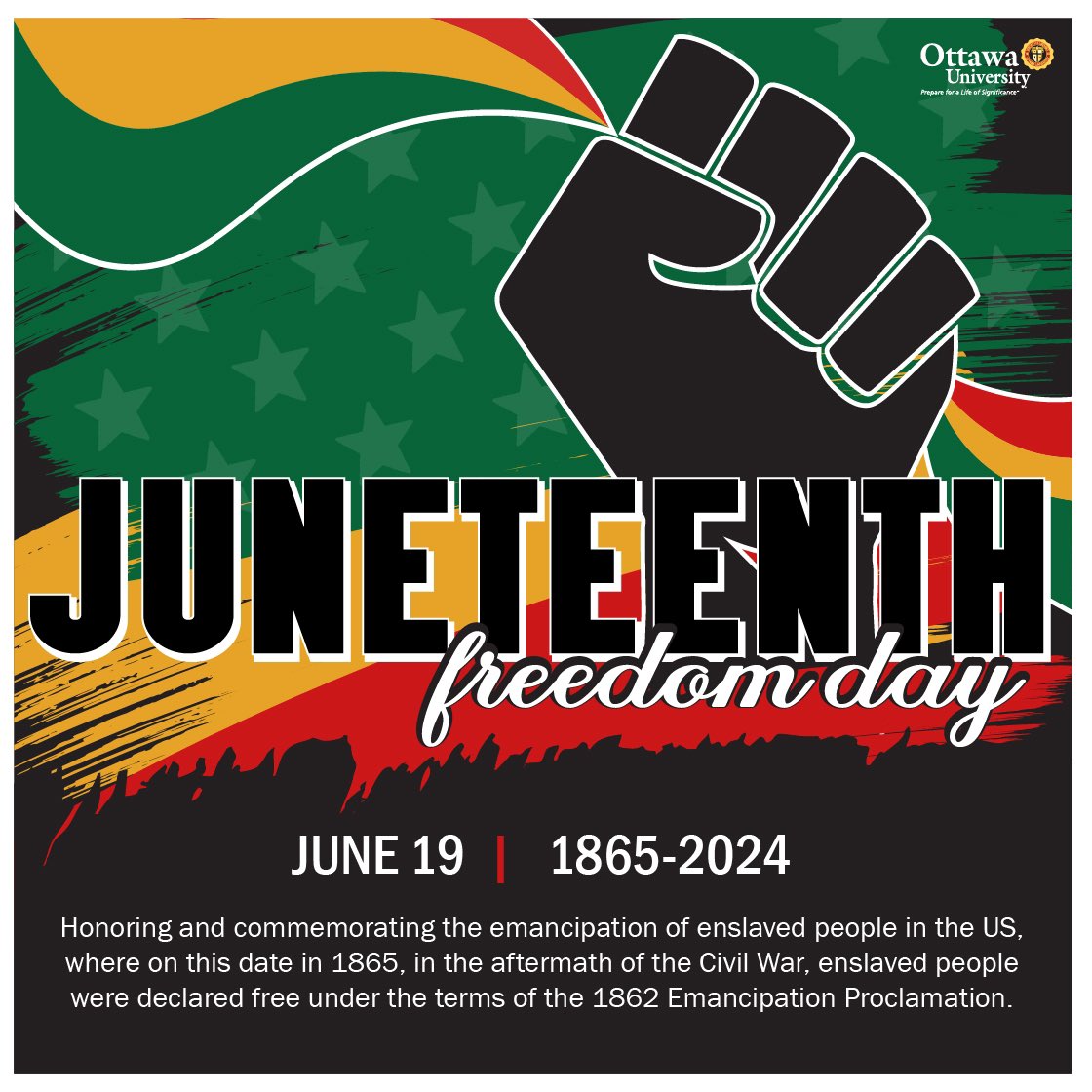 Today we celebrate Freedom Day by honoring and commemorating the emancipation of enslaved people in the US, where on this date in 1865, in the aftermath of the Civil War, enslaved people were declared free under the terms of the 1862 Emancipation Proclamation. #FreedomDay