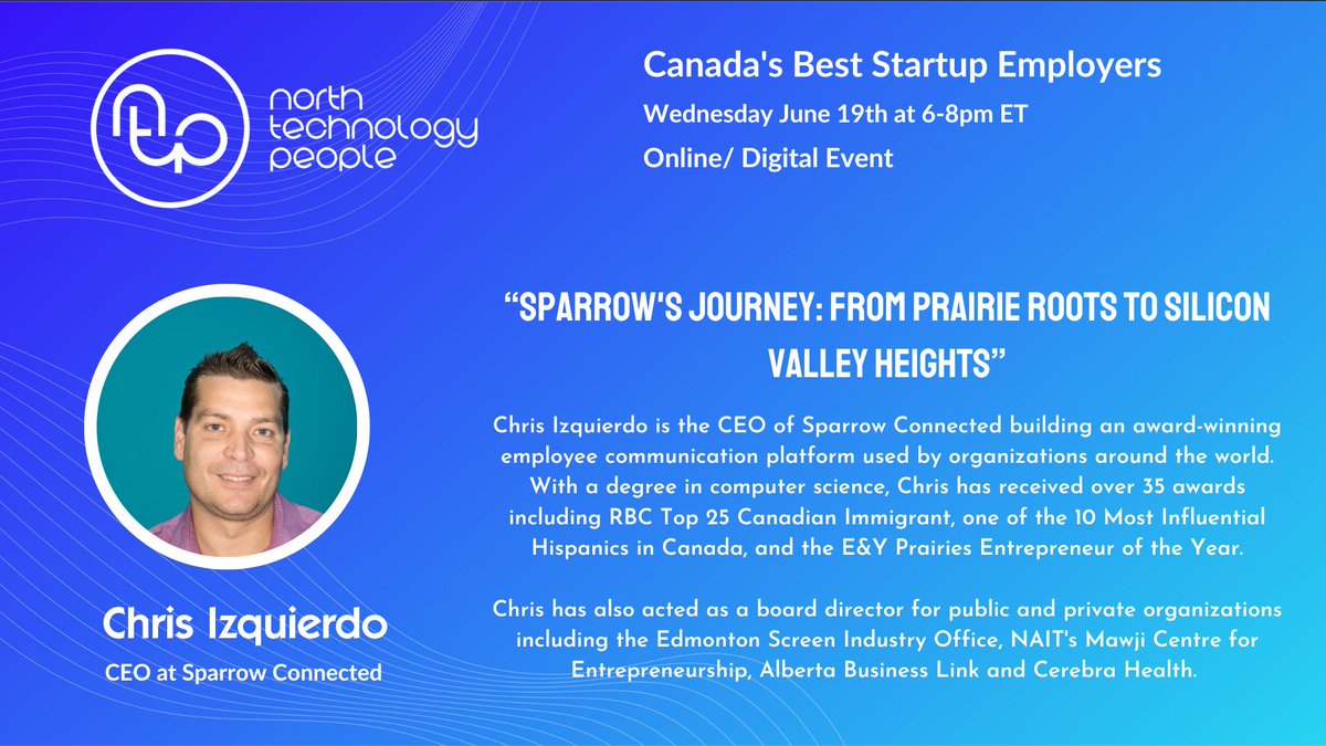 SparrowConnect's tweet image. Our CEO, Chris Izquierdo, will speak at North Technology People&apos;s online event featuring Canada&apos;s Best Startup Employers tonight.

Join us for insights into our growth story! crowdcast.io/c/canadas-best…

#SparrowConnected #StartupJourney #TechInnovation  #CanadaBestEmployers