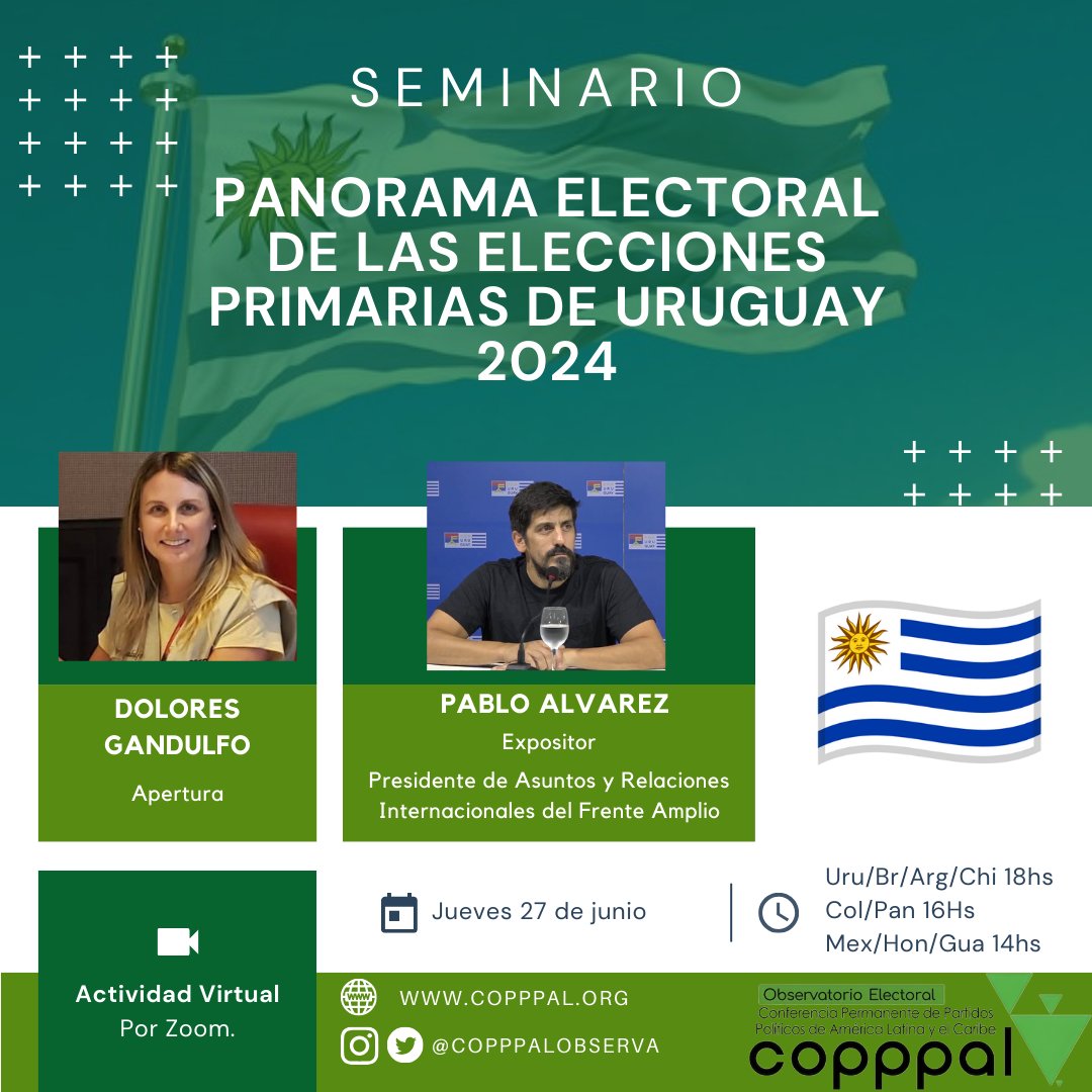 CopppalObserva's tweet photo. 📢 Seminario: "Panorama Electoral de las Elecciones Primarias de Uruguay 2024"
 
Apertura 
@DoloresGandulfo 

Expone
🗣️  Pablo Alvarez - @sentenashi 

🗓 27/06 18hs🇺🇾 
🔗 https://t.co/x9suzr1sZn https://t.co/RQQbhWPIsJ