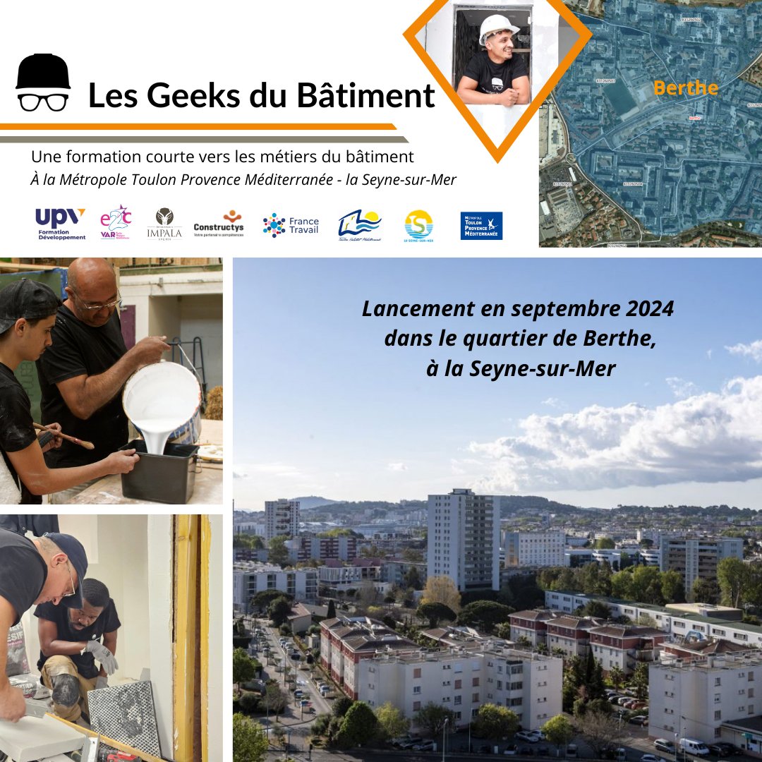 Les Geeks du Bâtiment arrivent en septembre à <a href="/metropoleTPM/">Toulon Provence Mediterranée</a> <a href="/laseynesurmer/">La Seyne-sur-Mer</a> avec une #formation d'agent polyvalent de maintenance de #bâtiment 
Avec <a href="/UPV83/">Union Patronale du Var</a> Formation Développemt, <a href="/E2CVar/">E2CVar</a> <a href="/ImpalaAvenir/">Impala Avenir</a> <a href="/CorsePaca/">CONSTRUCTYS PACA & Corse</a> <a href="/FranceTravail/">France Travail</a> #PACA #ToulonHabitatMéditerranée 
#insertion #métier