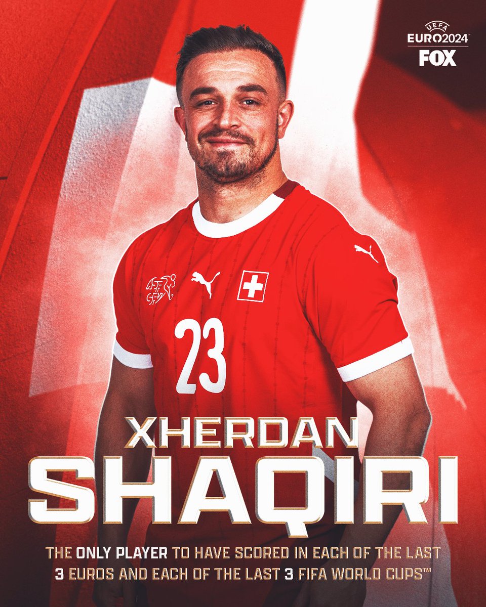 FOXSoccer's tweet image. On a level of his own 👏🇨🇭

Xherdan Shaqiri is the only player to have scored in each of the last three EUROs and each of the last three FIFA World Cups 🤯