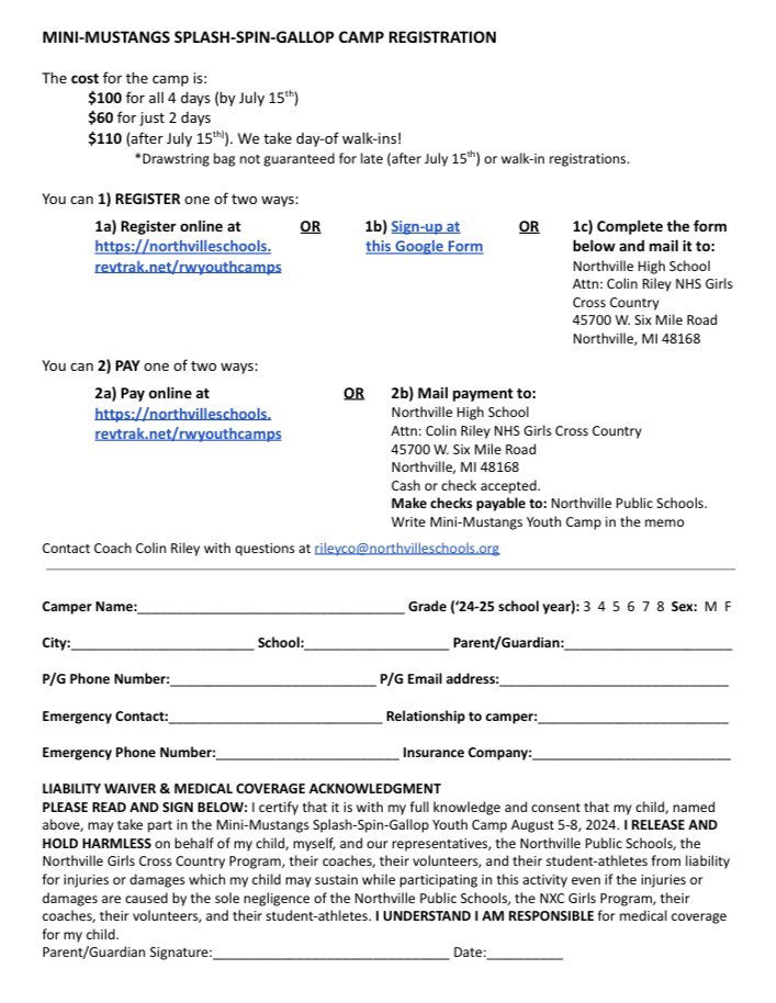 Does your child love to move? Need a summer activity? Join us for Splash-Spin-Gallop Camp! 

🏃‍♂️🏃‍♀️Open to all 3rd-8th grade boys &amp; girls
🗓️ Aug. 5-8, 9-11AM @ NHS
🤝 NHS athletes &amp; alumni as camp counselors
🎁 Discount night &amp; giveway swag

REGISTER TODAY: northvilleschools.revtrak.net/rwyouthcamps