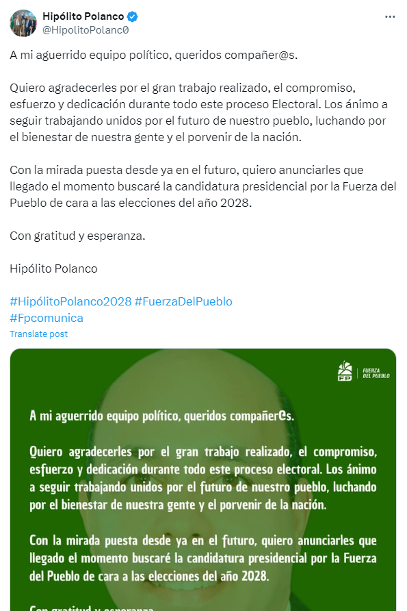 elnuevodiariord's tweet photo. 🗣️¡Hipólito Polanco anuncia busca presidir la FP!🟢

El doctor @HipolitoPolanc0, miembro de la Dirección Central de la @FPcomunica, anunció que llegado el momento buscará la candidatura presidencial por esa organización política para las elecciones del 2028.

#ElNuevoDiarioRD #Politica