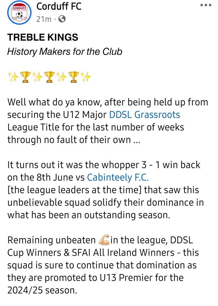 CorduffFC's tweet photo. 𝗧𝗥𝗘𝗕𝗟𝗘 𝗞𝗜𝗡𝗚𝗦
𝘏𝘪𝘴𝘵𝘰𝘳𝘺 𝘔𝘢𝘬𝘦𝘳𝘴 𝘧𝘰𝘳 𝘵𝘩𝘦 𝘊𝘭𝘶𝘣
⚽️🟥⬛️⚽️🟥⬛️⚽️

🏆𝗦𝗙𝗔𝗜 𝗔𝗟𝗟 𝗜𝗥𝗘𝗟𝗔𝗡𝗗 
🏆𝗗𝗗𝗦𝗟 𝗧𝗢𝗡𝗬 𝗥𝗬𝗔𝗡 𝗖𝗨𝗣
🏆𝗗𝗗𝗦𝗟 𝗨𝟭𝟮 𝗠𝗔𝗝𝗢𝗥 𝗟𝗘𝗔𝗚𝗨𝗘

𝟯 𝘅 𝗖𝗵𝗮𝗺𝗽𝗶𝗼𝗻𝘀

#uptheduff #champs
#treblechampions #ddsl #sfai https://t.co/cfD2SGkeeR