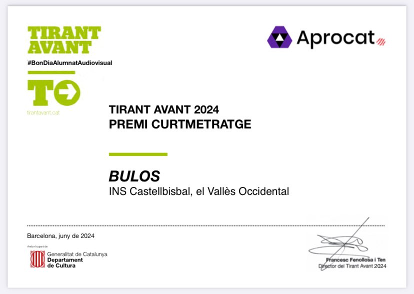 Les coses bones mai venen soles! Després del premi al <a href="/FICCAT/">Festival FIC-CAT</a>, avui ens anuncien que Bulos també ha estat guardonat amb el Premi Curtmetratge 2024 al Festival <a href="/tirantavant/">Tirant Avant</a>. Gràcies a <a href="/InCastellbisbal/">Inst Castellbisbal</a> per creure SEMPRE en aquest projecte! 🥰 
vimeo.com/826012932