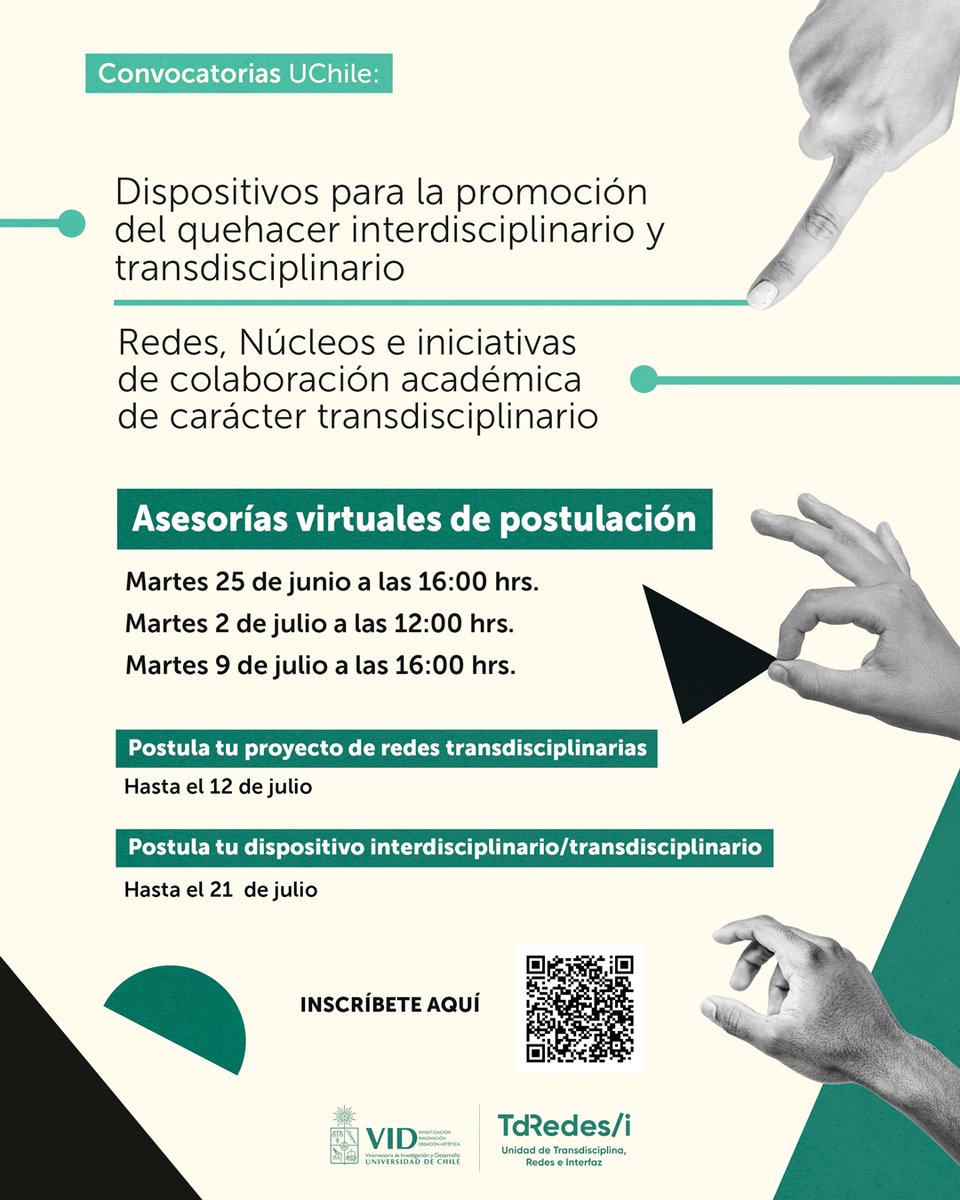 VID_UChile's tweet photo. #Asesorías I Para postulación a convocatorias de incentivo a la interdisciplina y transdisciplina    

📌 En la instancia se abordará metodología, revisión del formulario, sugerencias en la formulación del proyecto, etc

📅 ¡Próximo 25/06!
🔗 Inscripciones:https://t.co/VSzZTjQNQX https://t.co/25BlVEk7xB