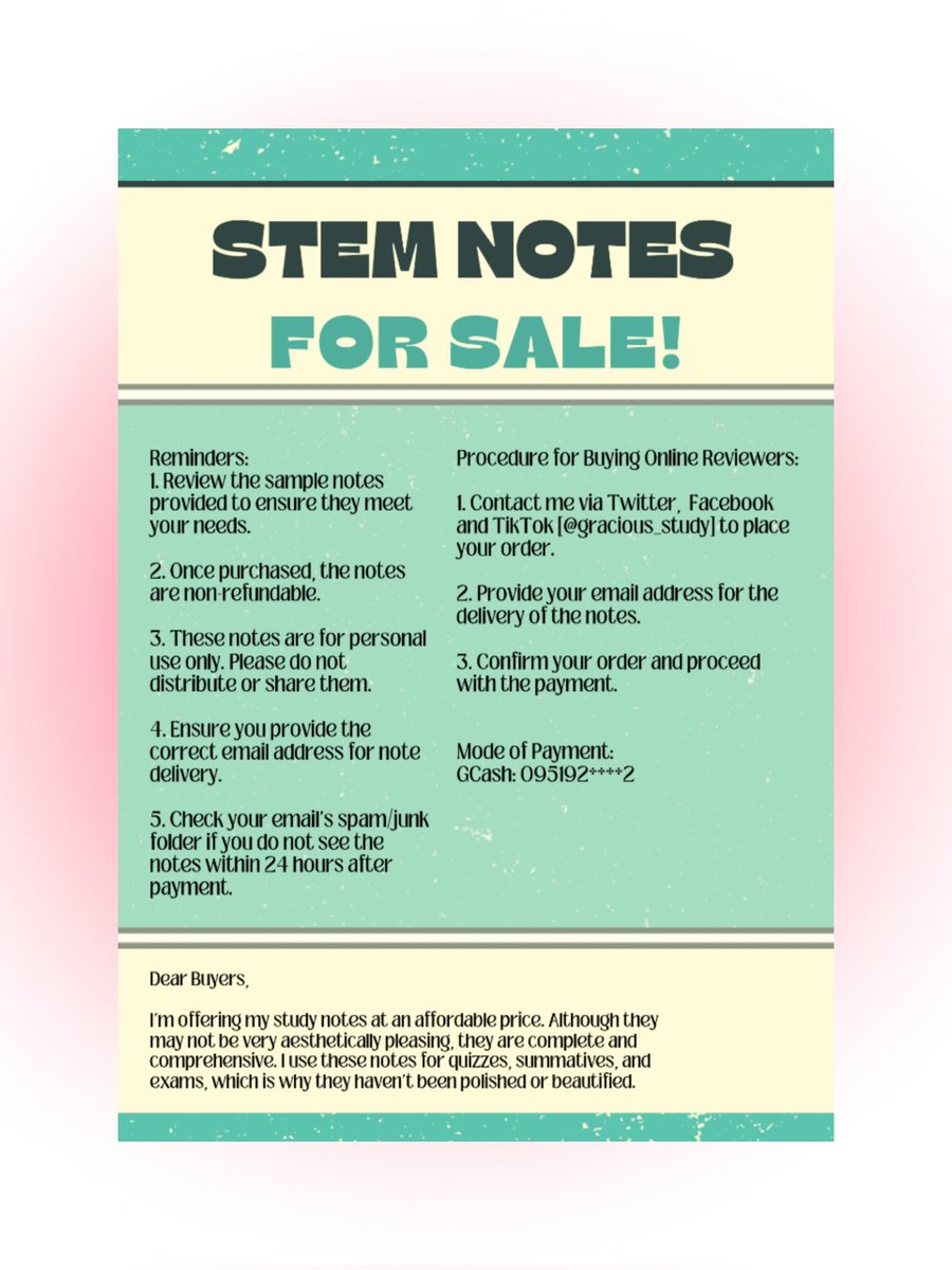 gracious_study's tweet image. looking for affordable grade 11 stem notes?
    ⊱ ⸾⤻I'M SELLING GRADE 11 REVIEWERS₊˚ : 

available subjects:
• komunikasyon at pagbasa
• mil 
• pr 1
• eapp 
• genmath 
• drrr
• earthsci
• peh 
• genchem
• ucsp
• emptech 
• cpar
• 21st century literature 
dm me!!