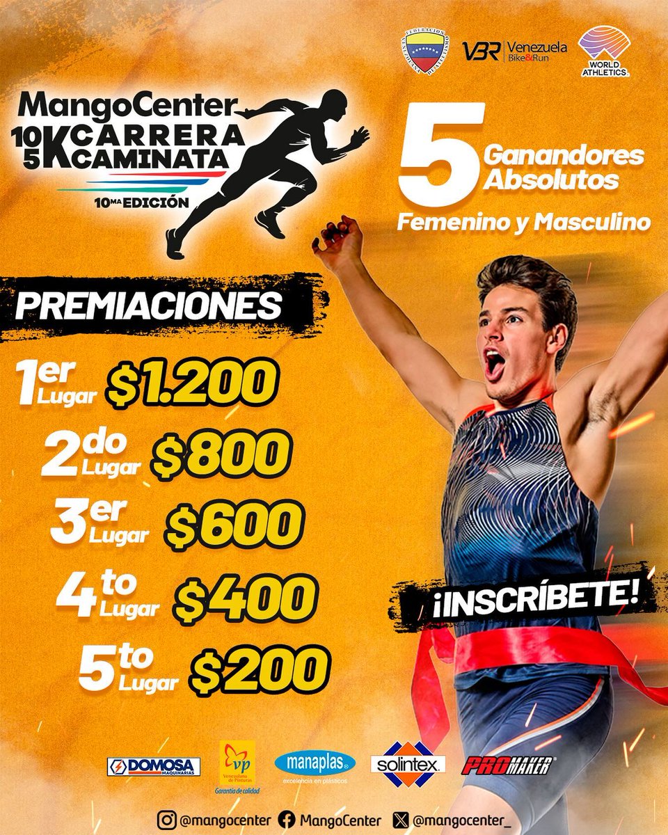 MangoCenter_'s tweet image. ¡Las premiaciones de esta 10ma. Edición de la Carrera Caminata MangoCenter están ON FIRE! 

Premiaciones (Efectivo) para los primeros 5 lugares absolutos Masculinos y Femeninos:

1er. Lugar: $1.200
2do. Lugar $800
3er. Lugar $600
4to. Lugar $400
5to. Lugar $200

#MangoCenter