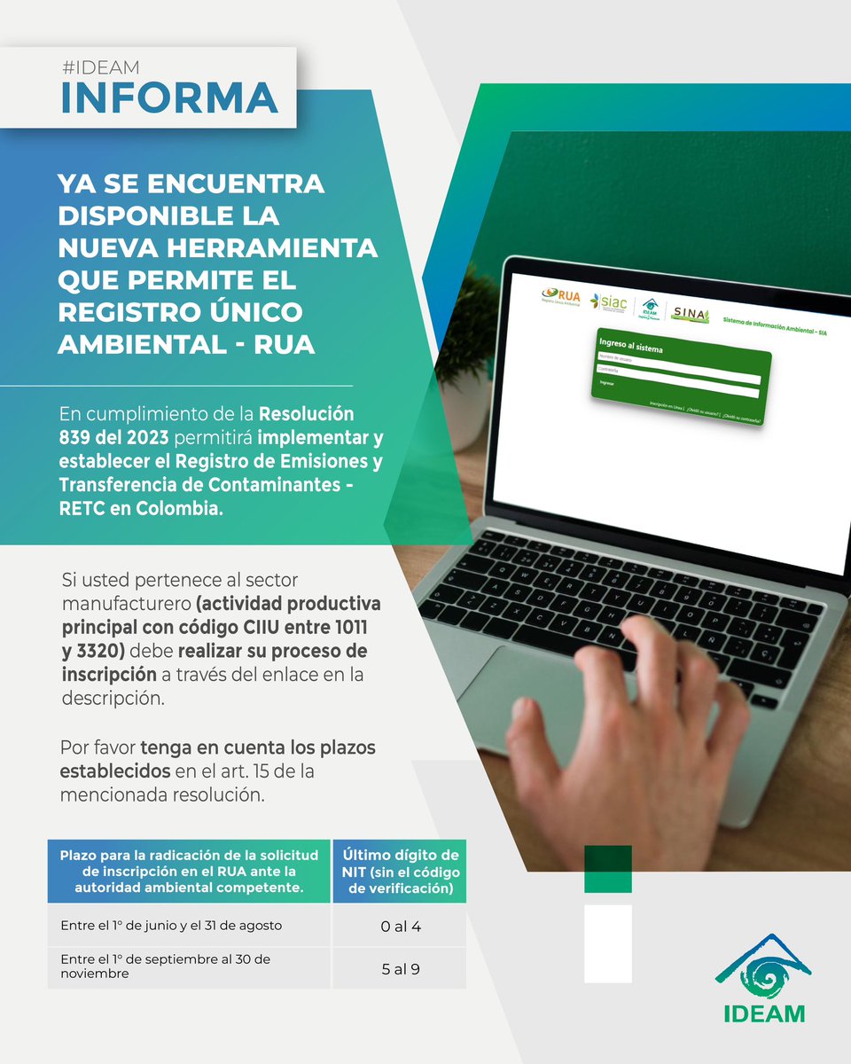 IDEAMColombia's tweet photo. #IdeamInforma a la ciudadanía en general que ya se encuentra disponible la nueva herramienta que permite el Registro Único Ambiental - RUA y que en cumplimiento de la Resolución 839 del 2023 permitirá implementar y establecer el Registro de Emisiones y Transferencia https://t.co/0fs9ZkX5UY
