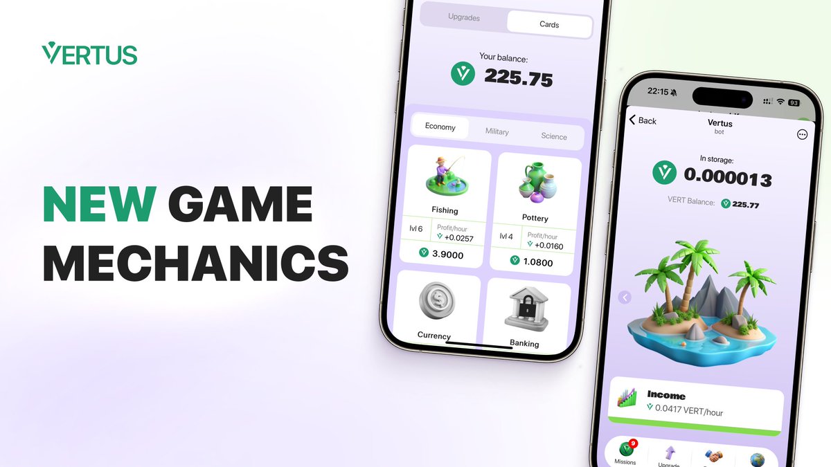 📈 Welcome to Vertus Phase 1.5! 📈

Until the mining phase finishes soon, enjoy accelerated mining speeds in Vertus Phase 1.5! Boost your income with our newly introduced game mechanics.

💎 New Island Feature: Develop your island from the ancient era to modern days! Upgrade