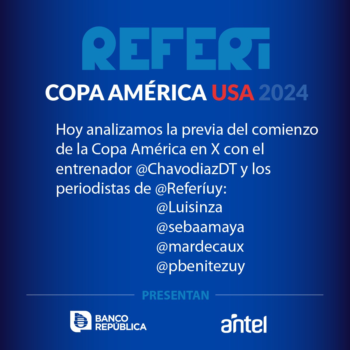 ⚽️ Este miércoles, a la hora 19:30, analizamos la previa al arranque de la Copa America con el enviado de <a href="/Referiuy/">Referí</a> , <a href="/sebaamaya/">Sebastián Amaya</a>  desde Miami y con un invitado de lujo: <a href="/ChavodiazDT/">Gustavo'Chavo' Díaz</a> 

👉 x.com/i/spaces/1gqxv…
