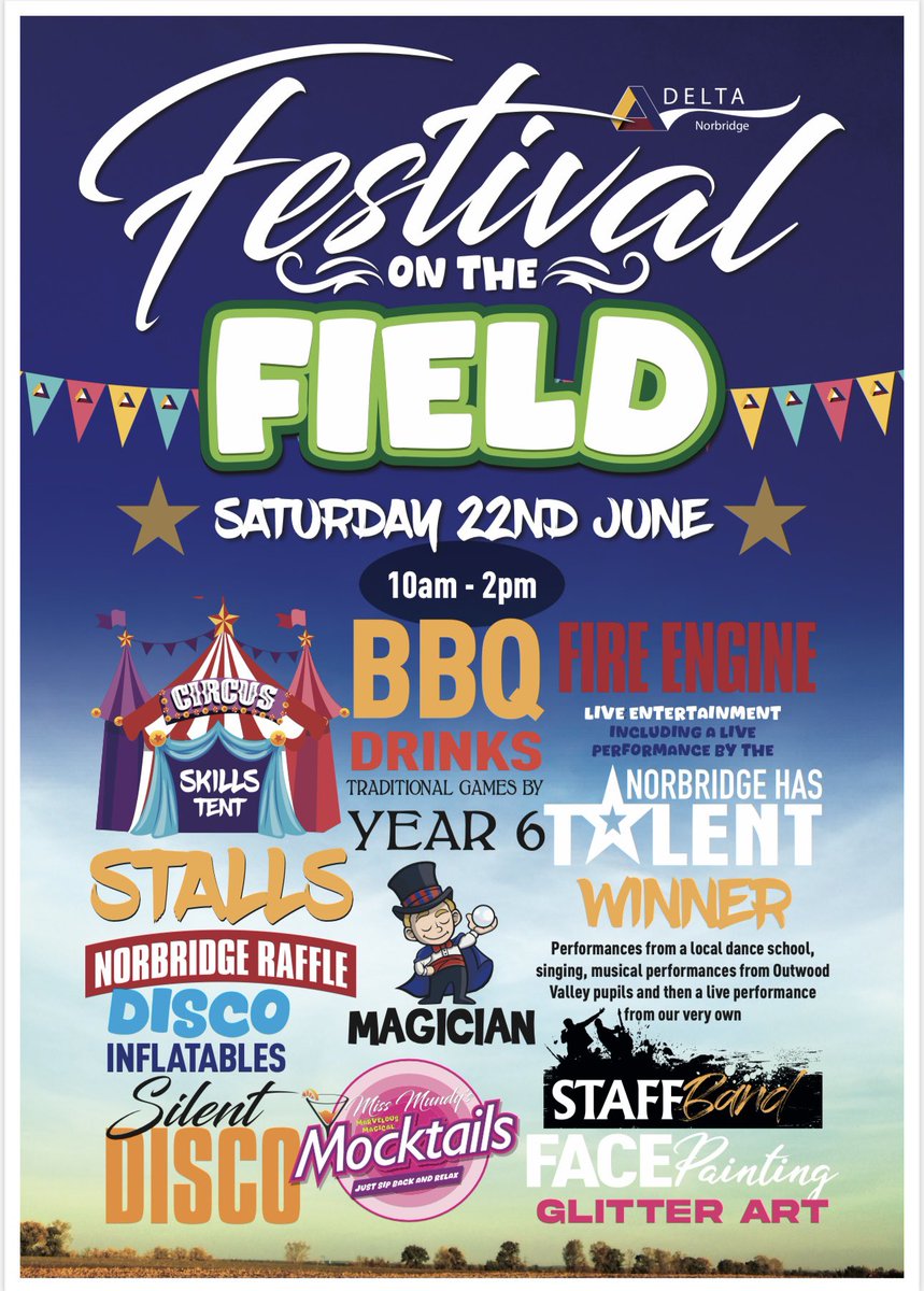 3 more sleeps until…

🎸🎟️🍔FESTIVAL ON THE FIELD ⛺️🎈👯‍♀️

Everyone is welcome 🤗 
@DeltaNorbridge