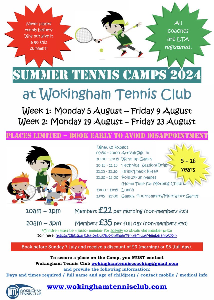 WokinghamTC's tweet photo. Tennis camps happening at Wokingham Tennis Club this summer. Book now by emailing wokinghamtenniscoaching@gmail.com 

Details needed:-
Full name and age of child 
Days &amp; times required 
Contact mobile 
Medical info if any 

#Berkshire #Wokingham #Reading #Bracknell #Sindlesham https://t.co/ARP0k66ajK