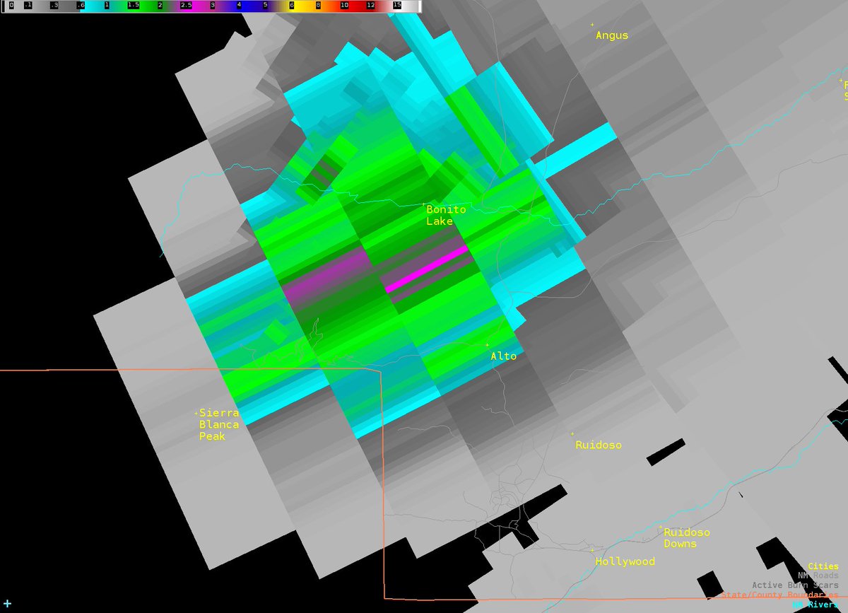 NWSAlbuquerque's tweet photo. An EXTREMELY DANGEROUS situation is unfolding in the Ruidoso area with torrential rainfall parked over the Blue 2 &amp; South Fork burn scars. A Flash Flood EMERGENCY is in effect for all points downstream into Ruidoso and Alto. Areas in purple show 2.5" in the past 30 min!!! #nmwx https://t.co/gLH4NUdnqM