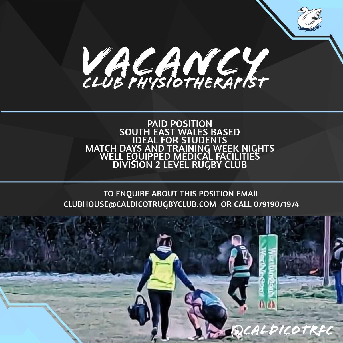 ⚕️🏉 CLUB PHYSIO VACANCY 🏉⚕️

Caldicot RFC are in need of a Senior Club Physio for training sessions and match days this coming season! 

Please see below for all details 👇👇👇