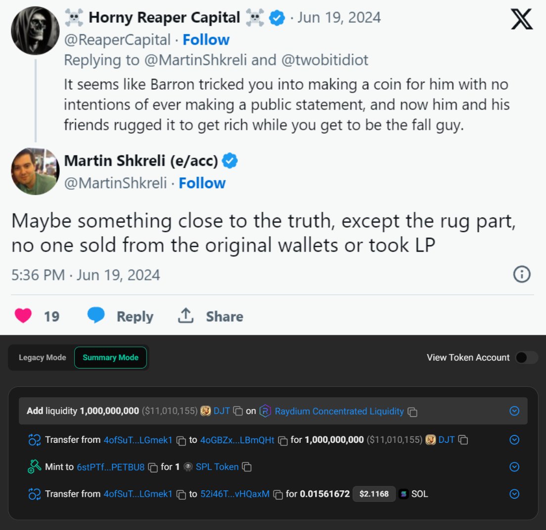This looks like a convenient excuse but the trick pulled here was very ingenious

They basically copied $JUP strategy

Added SINGLE SIDE Concentrated Liquidity on Raydium with 1B $DJT tokens

Adding to a CL pool basically means you can choose the starting price, since liquidity