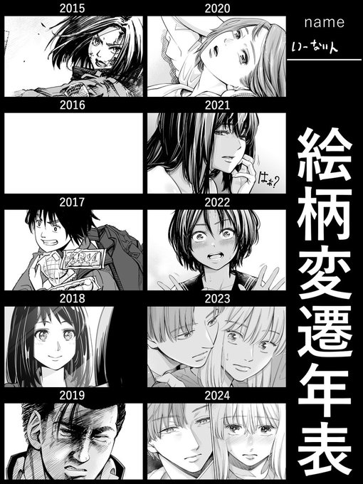 絵柄変遷移年表お借りしました!全部モノクロでまとめたので2016は特にありませぬ2017年で下手になってるのはなぜ??#絵柄変遷移年表 