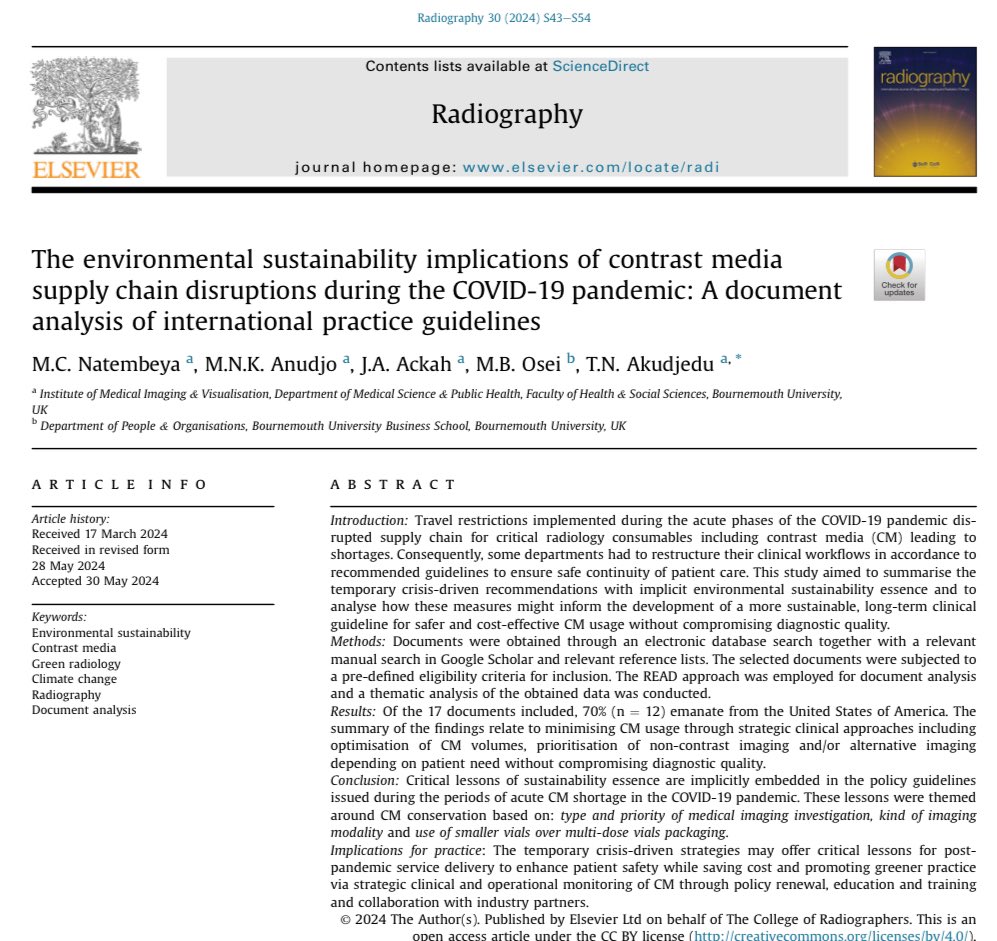 🔥 off the press <a href="/RadiographyJour/">Radiography Journal</a> we explored using a document analysis of 🌍 practice guidelines, the environmental #sustainability implications of contrast media supply chain disruptions during the COVID-19 pandemic.

Always a joy co-producing with our brilliant graduates 🎓1/2