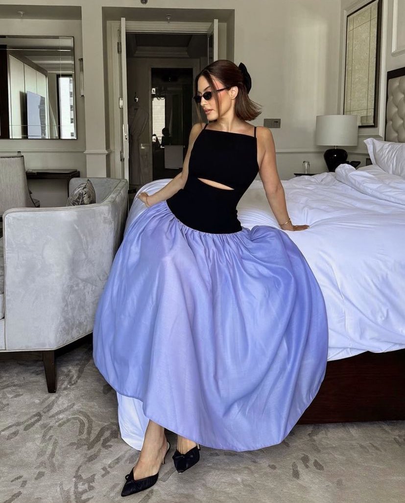 Karen Wazen wearing a dress by Palestinian brand, Nafsika Skourti