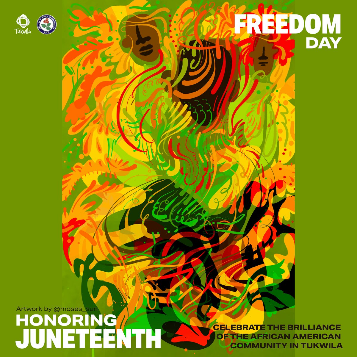 TrueBlueDigital's tweet image. Happy Juneteenth! Each year, we work with @ExpTukwila to help promote the city's annual Juneteenth commemoration, where they partner with @Urban_ArtWorks to see local artists bring the celebration to life. Check out this year's work from the incredible @mosessun_art.